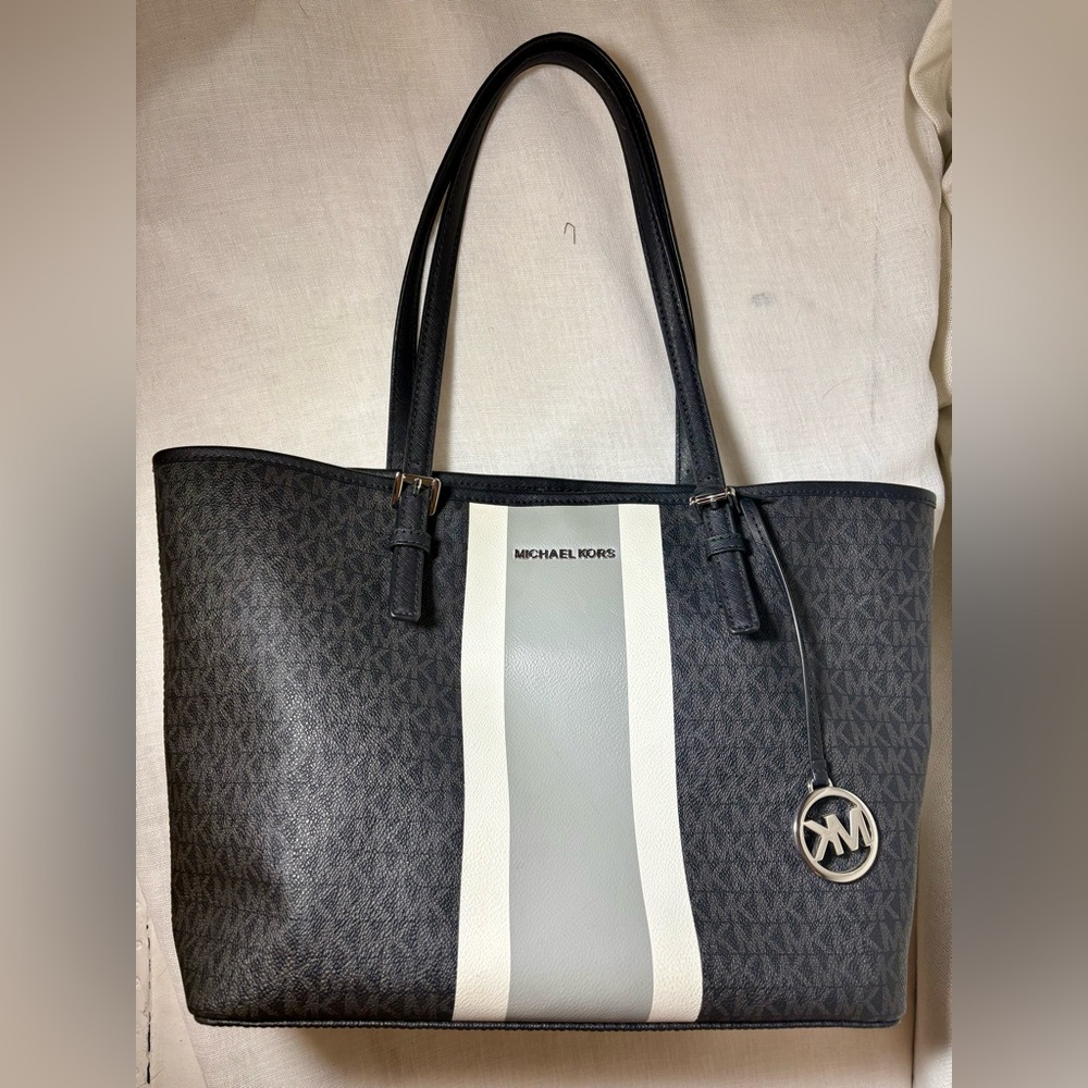 Michael Kors Eva Large Logo Stripe Tote Black MK Signature Work Laptop Bag NWOT - Picture 11 of 16